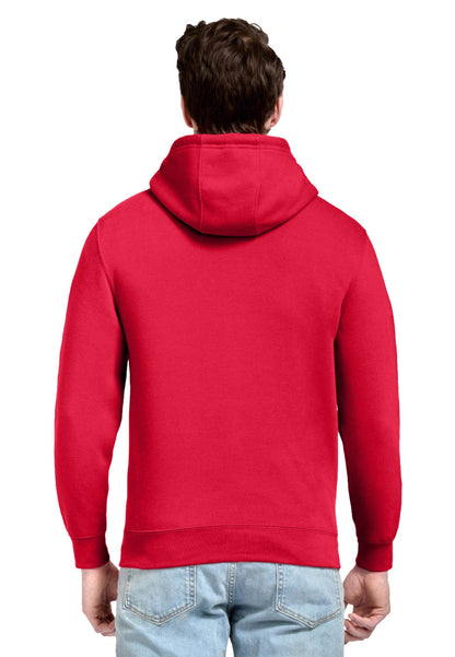Unisex plain premium red hoodie by Lane 7 with a front print design, showcasing a cozy pullover style and soft fabric.