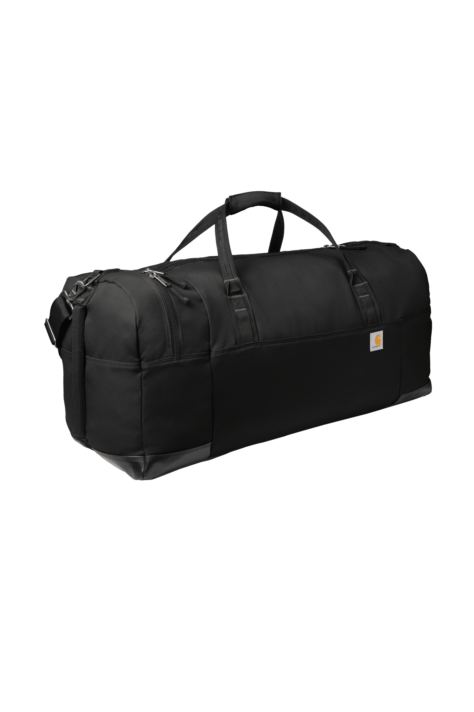 Black Carhartt 120L Foundry Series duffel bag shown from the left side with print view, durable design for travel or work.