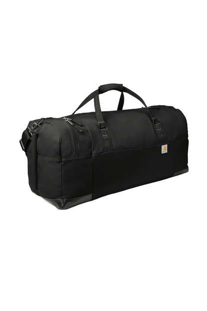 Black Carhartt 120L Foundry Series duffel bag shown from the left side with print view, durable design for travel or work.