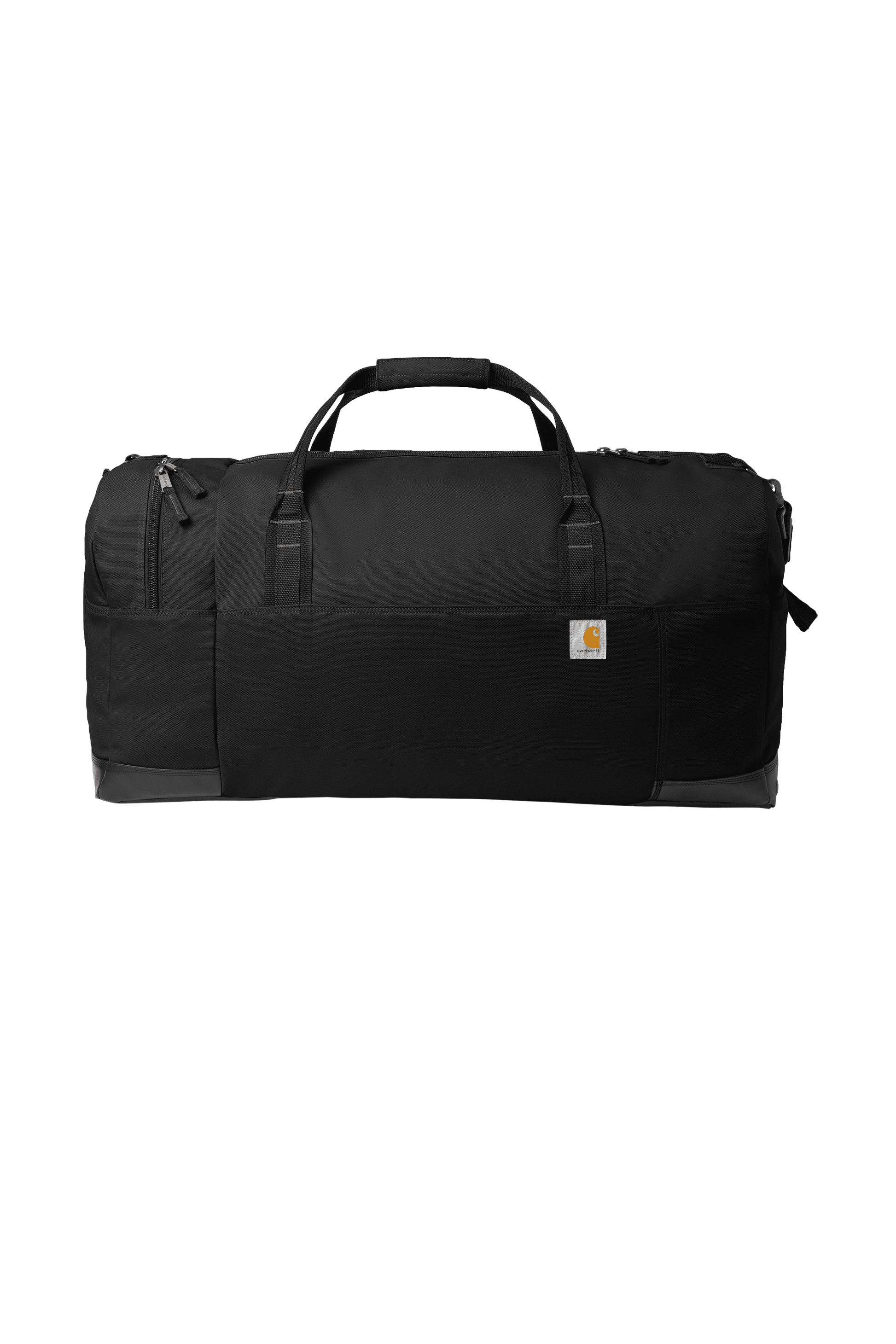 Carhartt 120L Foundry Series duffel bag in black with front print view, showcasing durable design and spacious storage capacity.