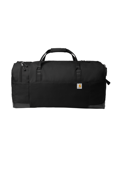 Carhartt 120L Foundry Series duffel bag in black with front print view, showcasing durable design and spacious storage capacity.