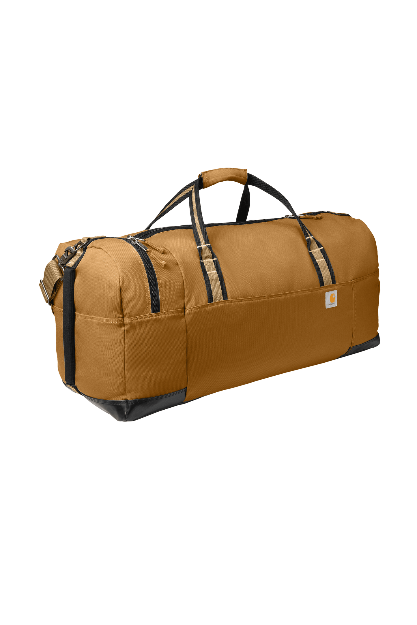 Carhartt 120L Foundry Series duffel bag showing left side with print design, durable fabric, and sturdy handles.