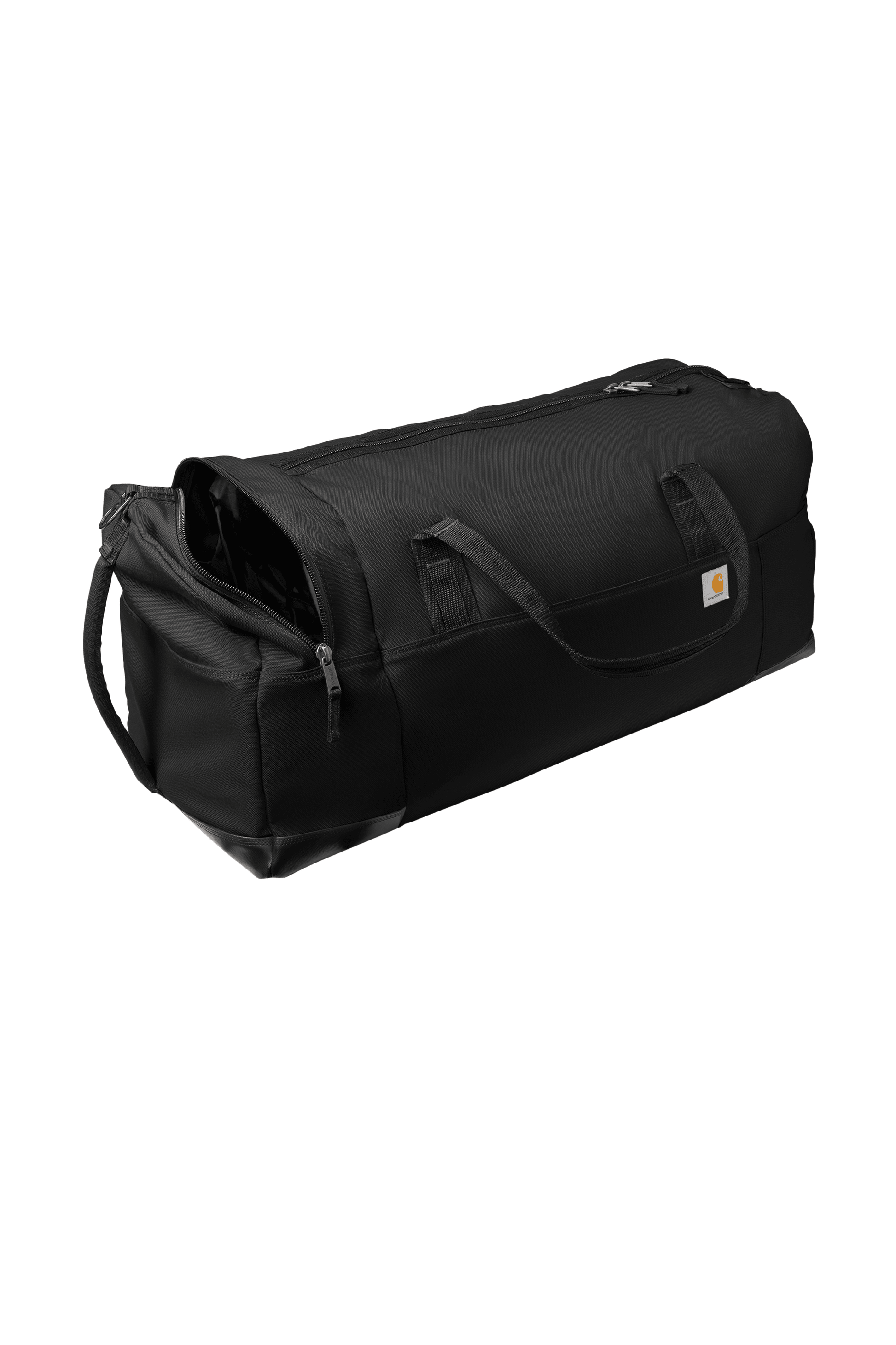 Carhartt 120L Foundry Series duffel bag in black with printed design, showing side view with handles and spacious storage area.