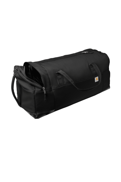 Carhartt 120L Foundry Series duffel bag in black with printed design, showing side view with handles and spacious storage area.