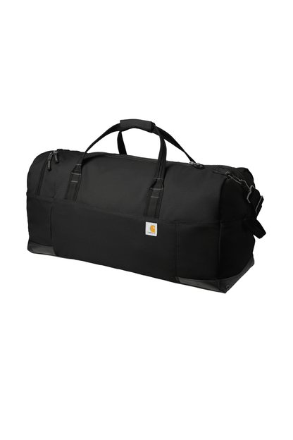 Carhartt 120L Foundry Series duffel bag in black print view showing the right side with sturdy handles and spacious design