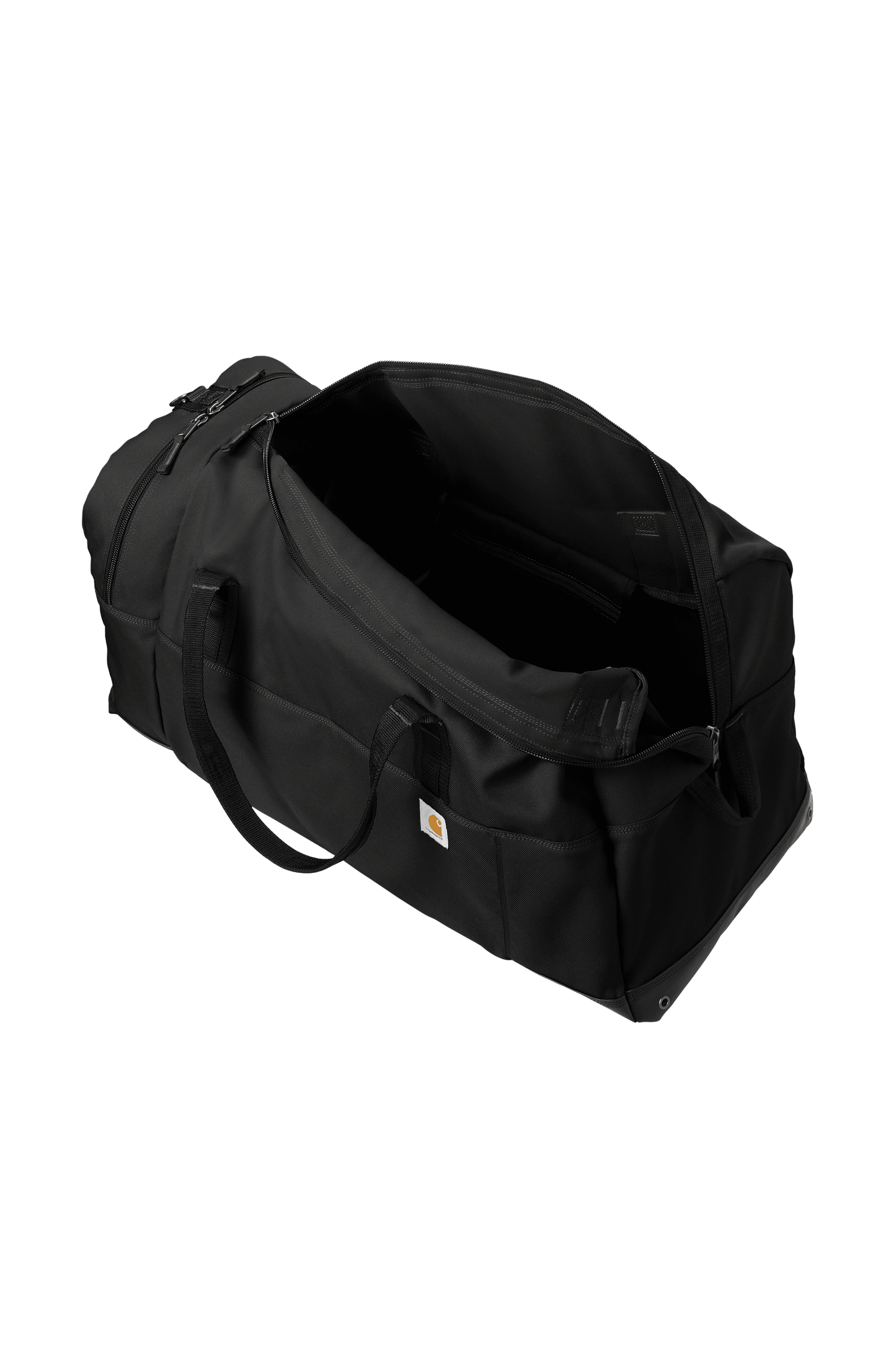 Carhartt 120L Foundry Series duffel bag in black with print view, showcasing durable fabric and top handles for travel and storage.