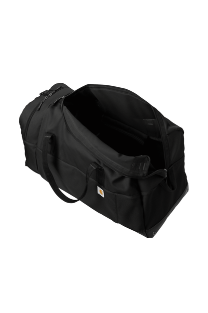 Carhartt 120L Foundry Series duffel bag in black with print view, showcasing durable fabric and top handles for travel and storage.
