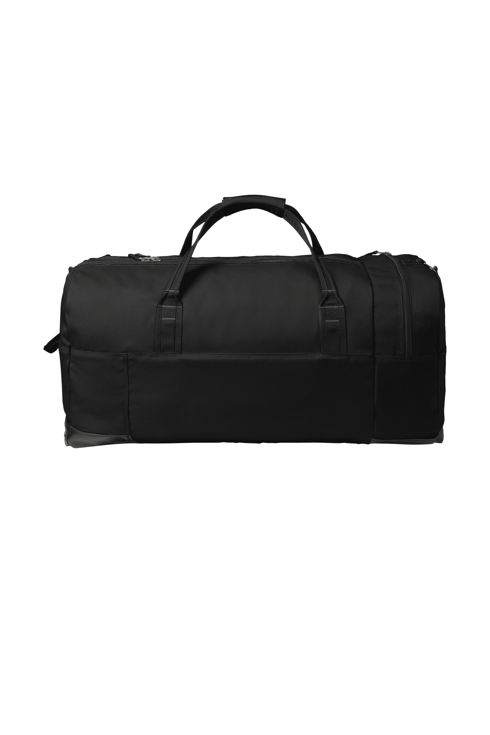 Black Carhartt 120L Foundry Series duffel bag with printed design, showing the spacious main compartment and durable straps.