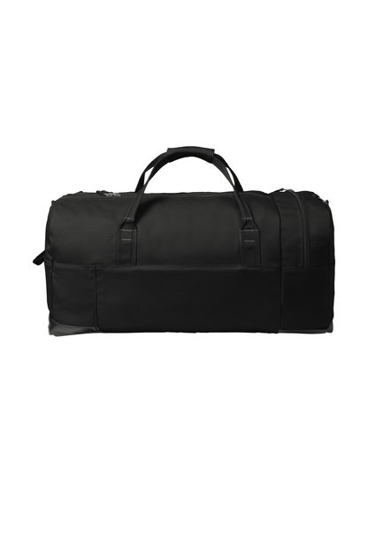 Black Carhartt 120L Foundry Series duffel bag with printed design, showing the spacious main compartment and durable straps.