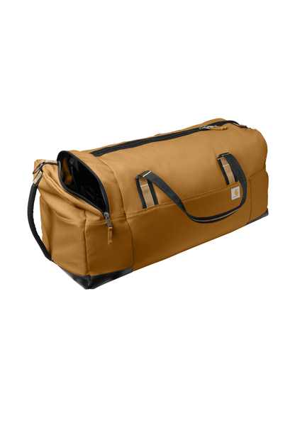 Carhartt 120L Foundry Series duffel bag in brown print, shown from the left side, featuring durable fabric and spacious design.