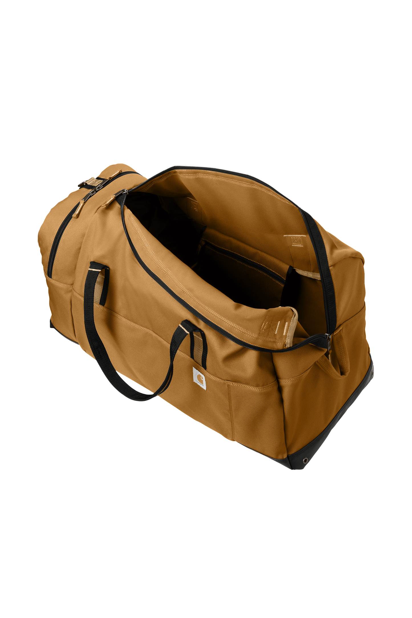 Carhartt 120L Foundry Series duffel bag in brown print view, showing top view with sturdy handles and spacious interior.