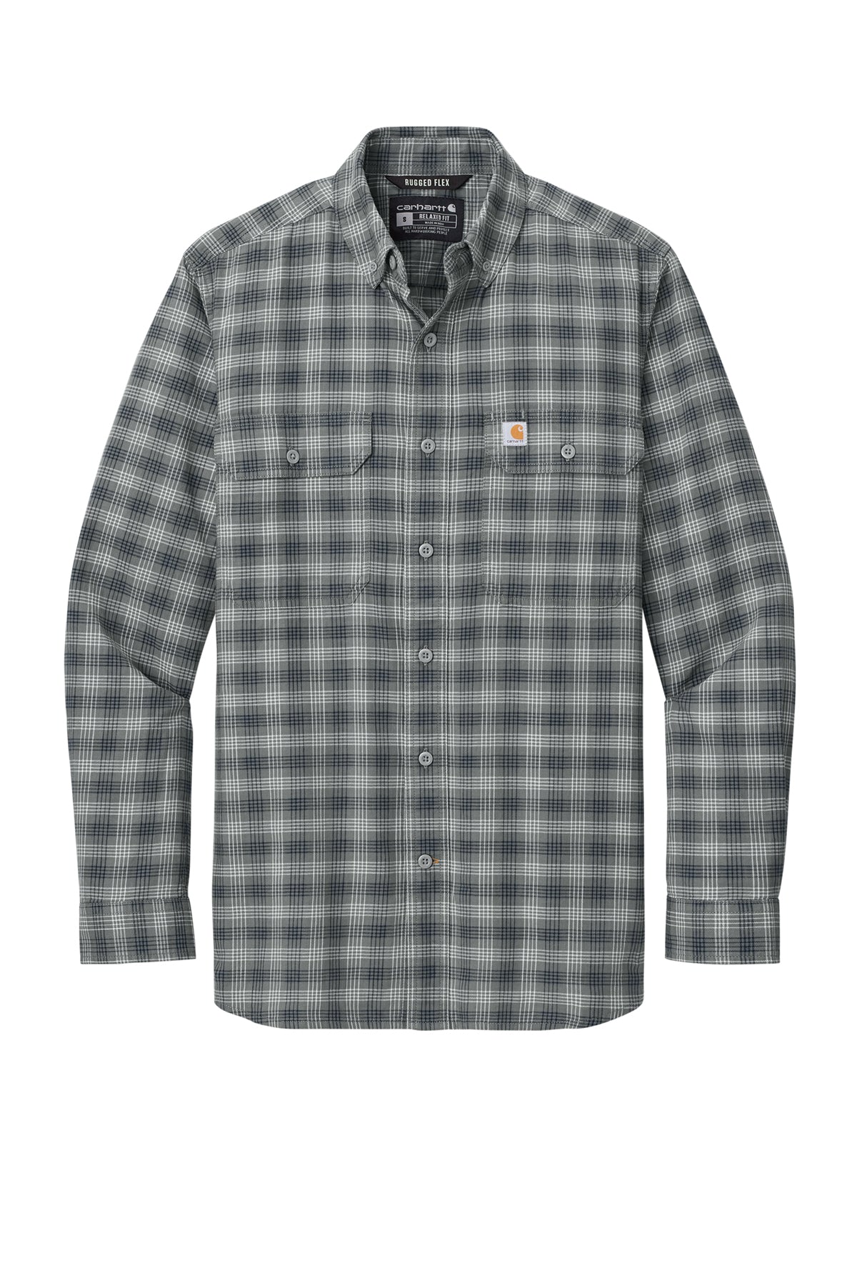 Carhartt Rugged Flex plaid long sleeve shirt in steel navy with button front and chest pockets, casual workwear for men.