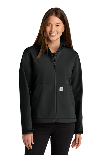 Black Carhartt Women's Rain Defender Soft Shell Jacket, front view showcasing durable work jacket with weather-resistant fabric.