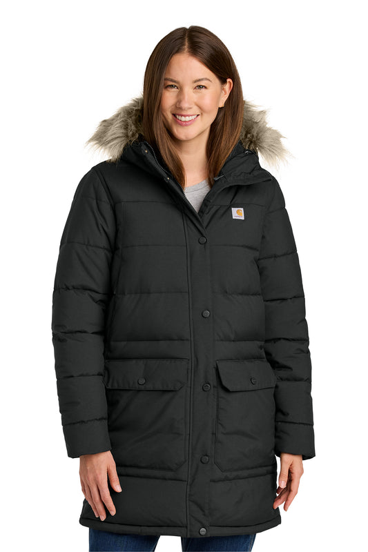 Carhartt Women’s Montana insulated hooded coat with warm lining, durable outer fabric, and adjustable hood for cold weather.