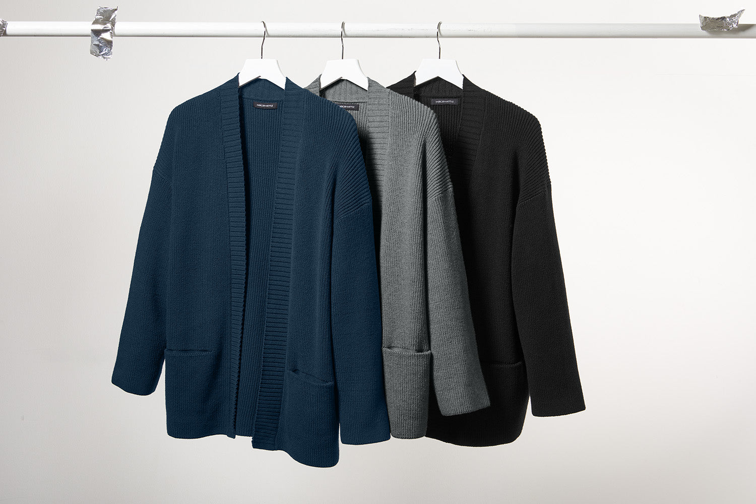 Mercer+Mettle women's open front cardigan with customizable half-shaker knit, displayed in a catalog image.