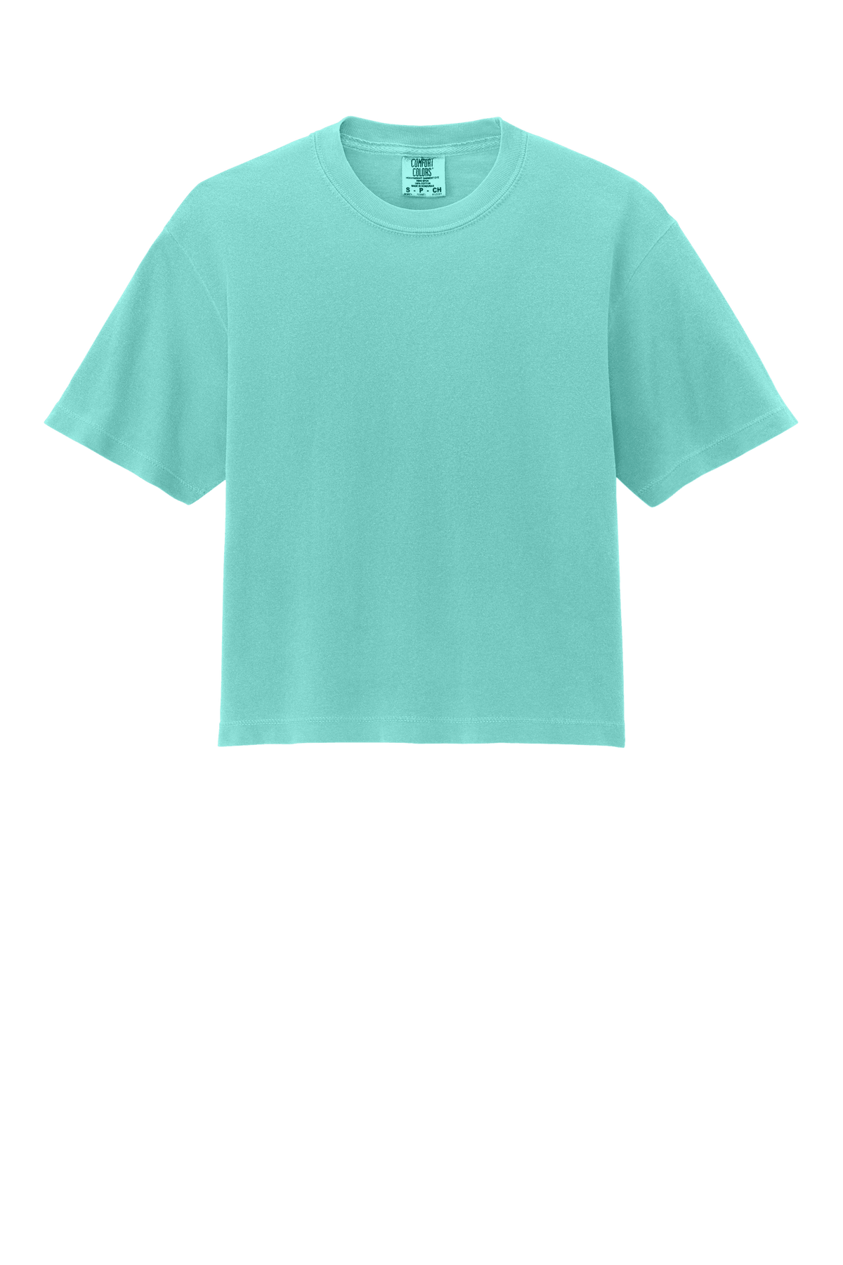 Comfort Colors women's heavyweight boxy crop top in chalky mint with garment-dyed finish and relaxed fit.