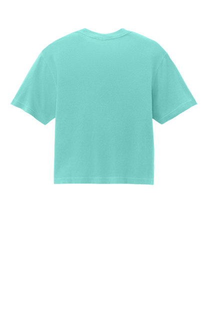 Comfort Colors women's heavyweight boxy crop top in chalky mint with garment-dyed finish and custom print on the back.