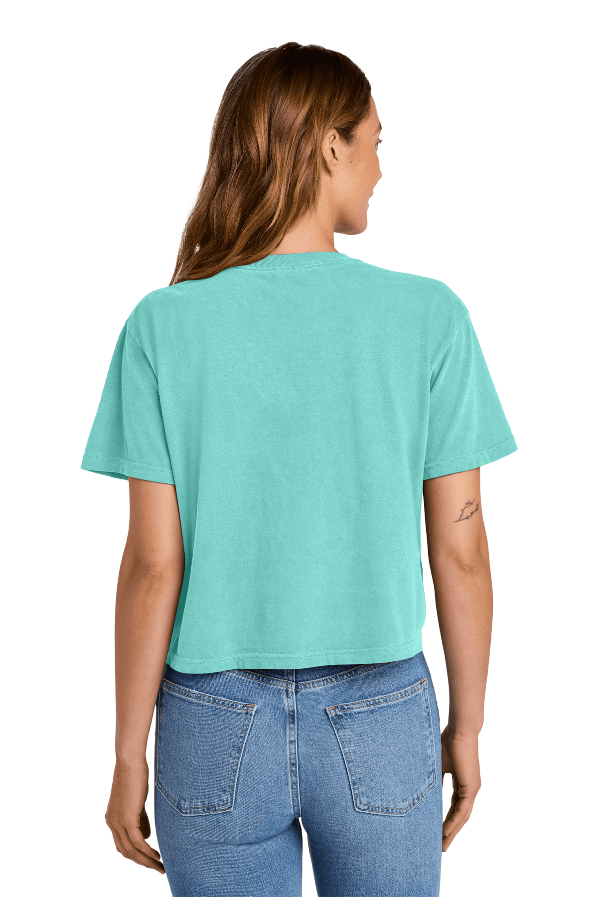 Comfort Colors women's heavyweight garment-dyed boxy crop top in Chalky Mint, relaxed fit with custom print, shown from the back.