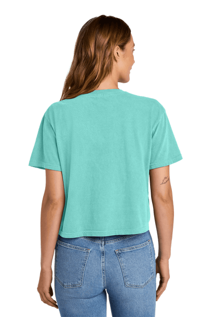 Comfort Colors women's heavyweight garment-dyed boxy crop top in Chalky Mint, relaxed fit with custom print, shown from the back.