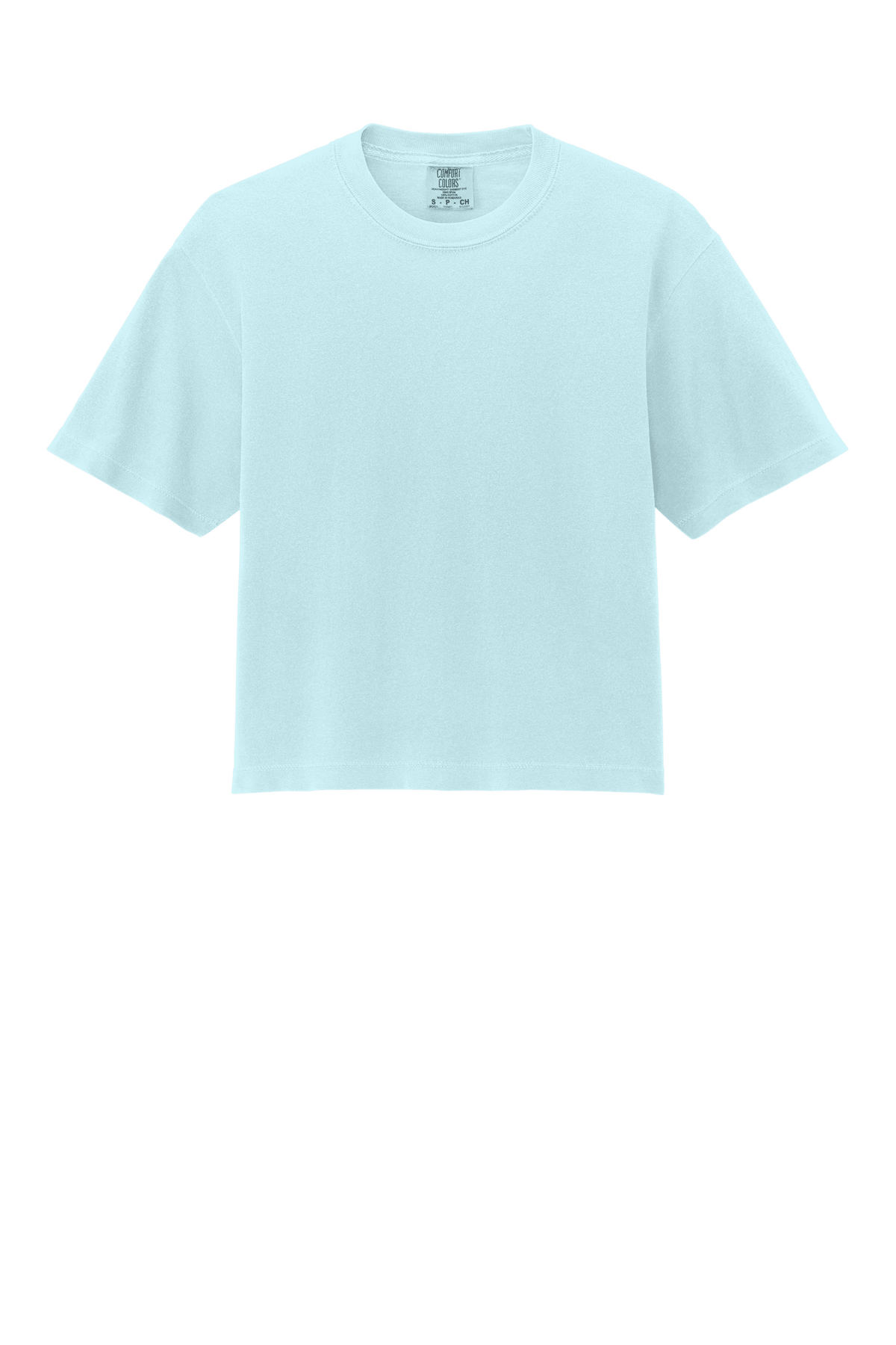 Comfort Colors women's chambray mint crop boxy tee with garment-dyed, heavyweight fabric and relaxed fit.