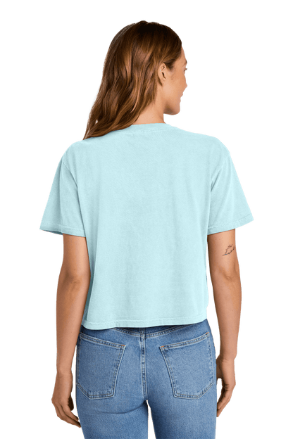 Comfort Colors women's chambray mint heavyweight boxy crop top with garment-dyed finish and relaxed fit, shown from the back.
