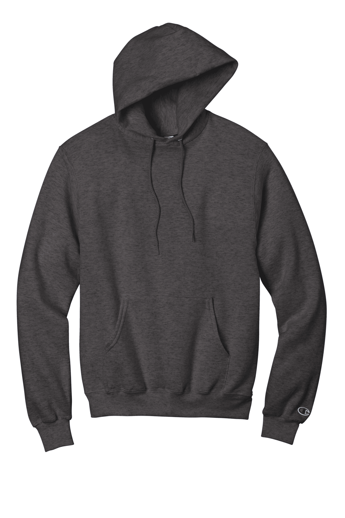 Charcoal grey Champion Powerblend pullover hoodie with soft fleece, classic fit, featuring custom logo print on the front.