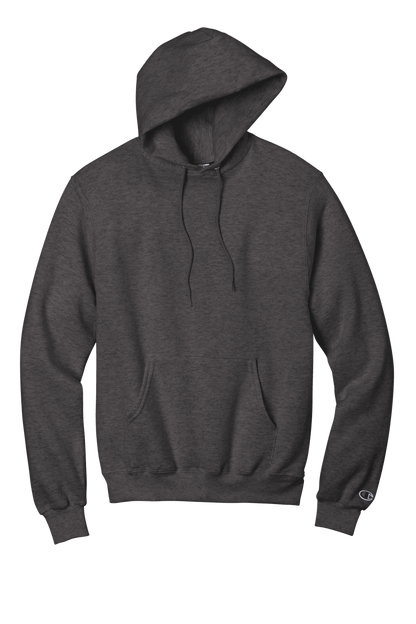 Charcoal grey Champion Powerblend pullover hoodie with soft fleece, classic fit, featuring custom logo print on the front.