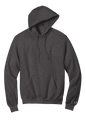 Charcoal grey Champion Powerblend pullover hoodie with soft fleece, classic fit, featuring custom logo print on the front.