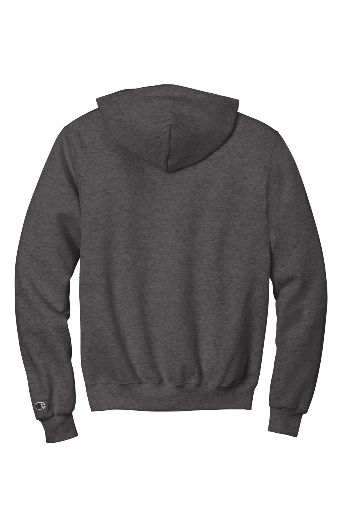 Charcoal grey Champion Powerblend hoodie with custom logo print, soft fleece fabric, classic fit, shown from the back.