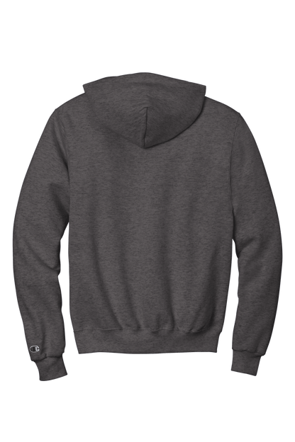 Charcoal grey Champion Powerblend hoodie with custom logo print, soft fleece fabric, classic fit, shown from the back.