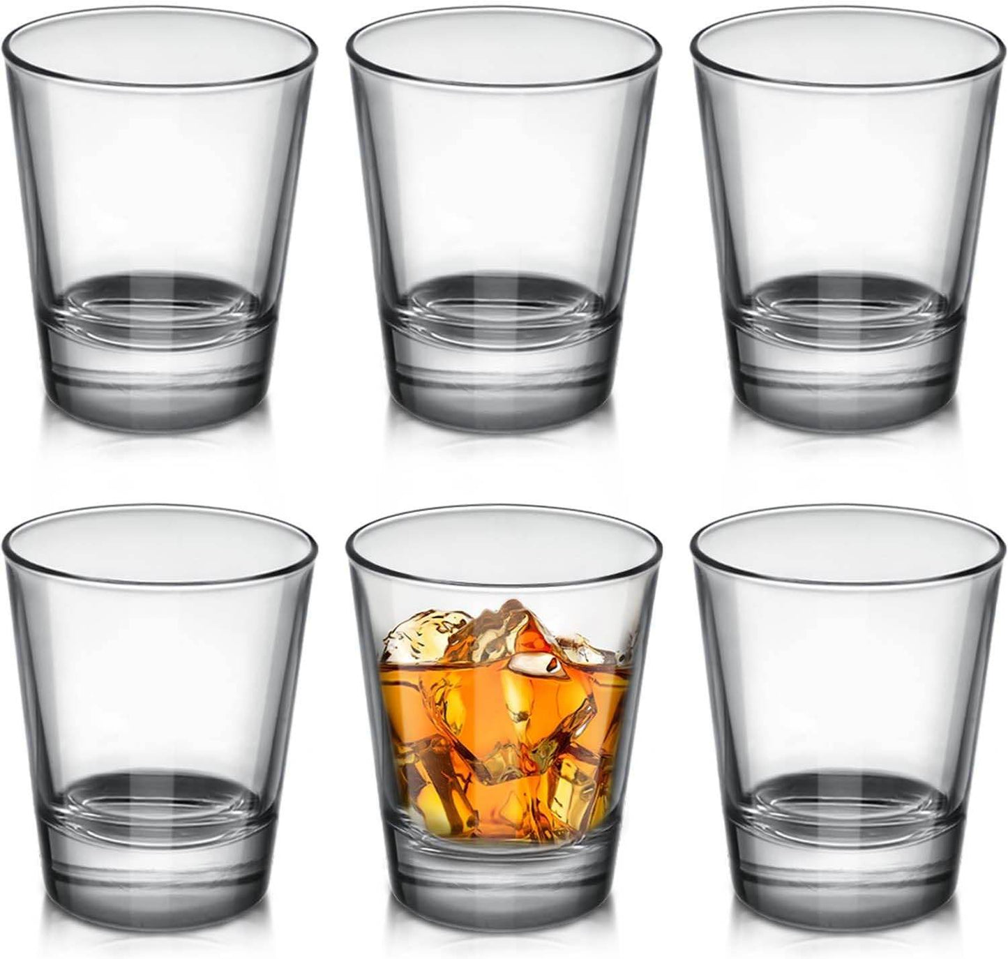Six clear shot glasses by Print View, plain or customizable, made of glassware perfect for beverages and events.