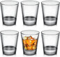 Six clear shot glasses by Print View, plain or customizable, made of glassware perfect for beverages and events.