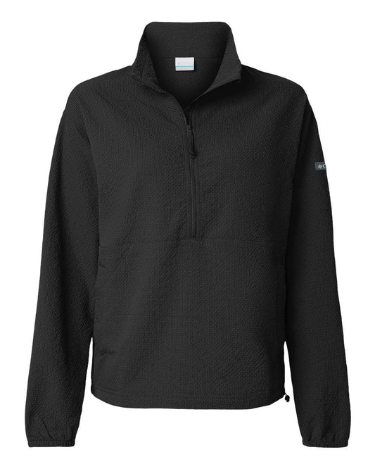 Columbia women's lightweight black Sucker for Summer pullover jacket with custom embroidery, stylish and comfortable front view.