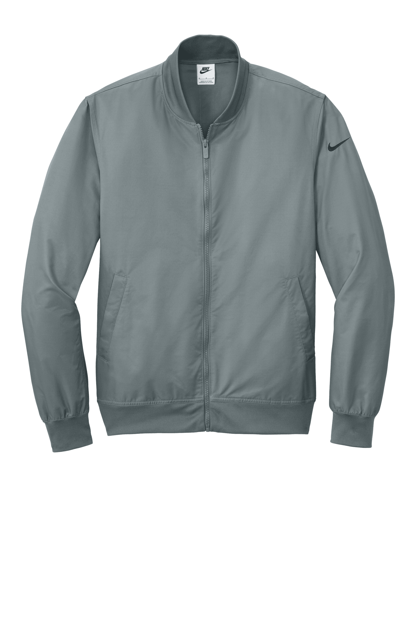 Nike lightweight bomber jacket in cool grey, shown from the front with customizable print options.
