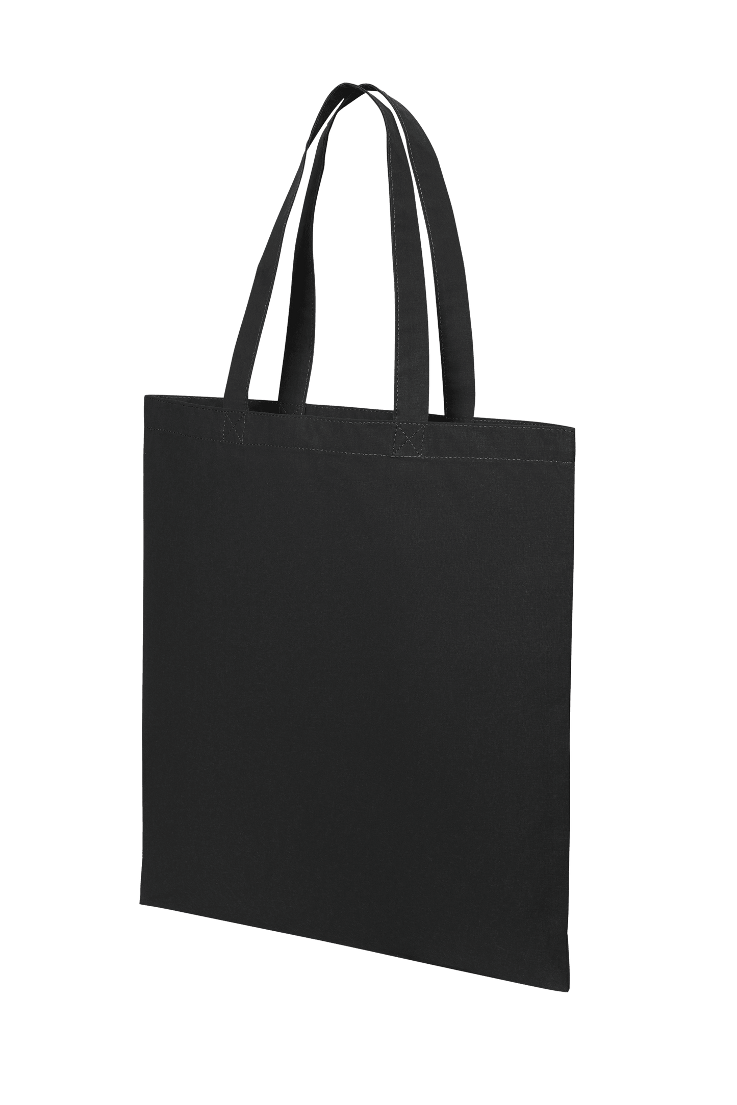 Black cotton tote bag from Print View with printed design, lightweight reusable cloth bag for shopping and daily use.