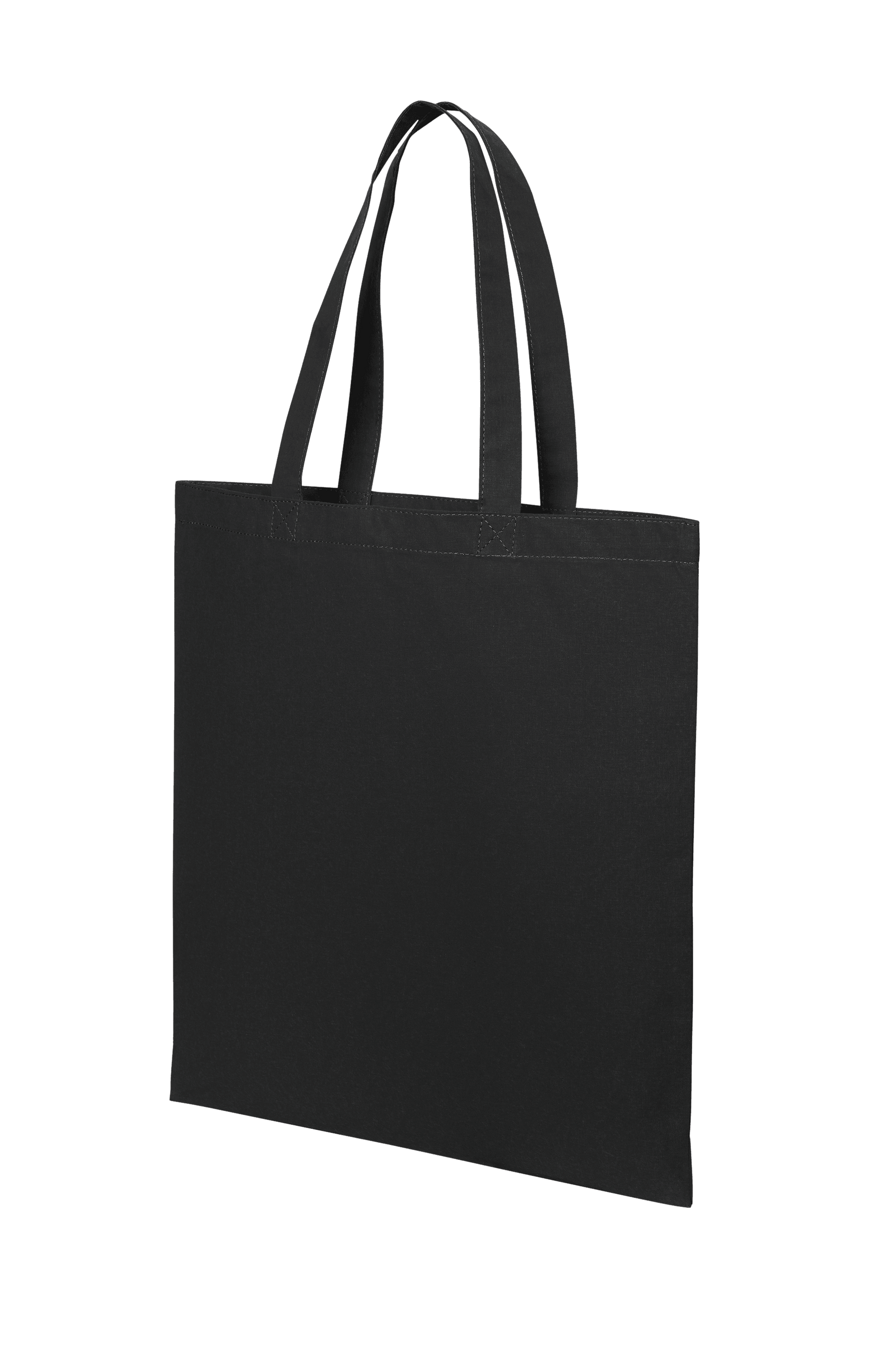 Black cotton tote bag from Print View with printed design, lightweight reusable cloth bag for shopping and daily use.