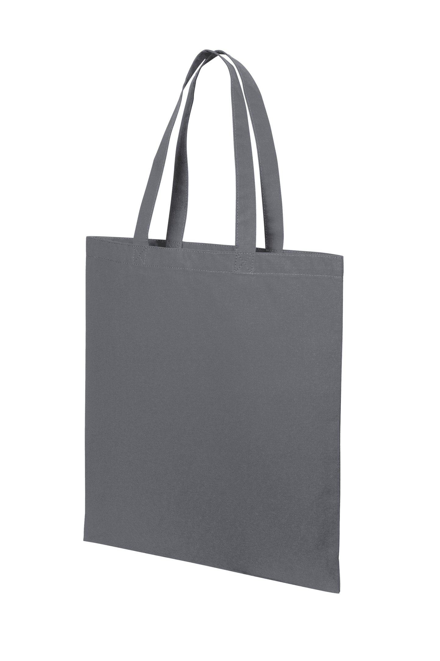 Dark grey cotton tote bag by Print View with printed design, lightweight reusable cloth tote for shopping or everyday use.