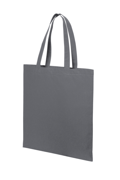 Dark grey cotton tote bag by Print View with printed design, lightweight reusable cloth tote for shopping or everyday use.