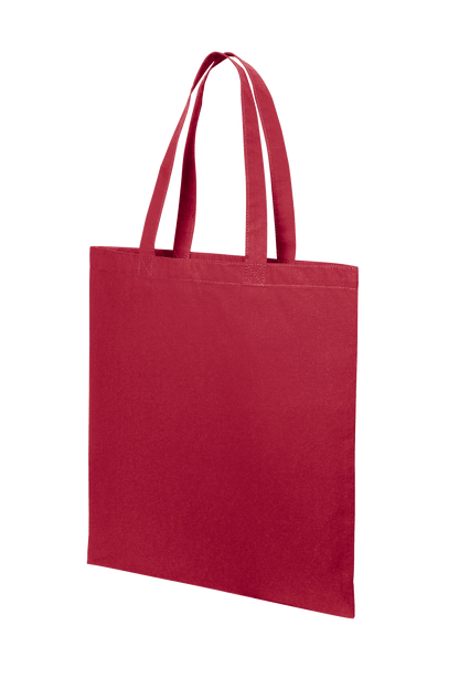 Red cotton tote bag by Print View featuring a printed design, lightweight reusable cloth bag suitable for shopping or daily use.