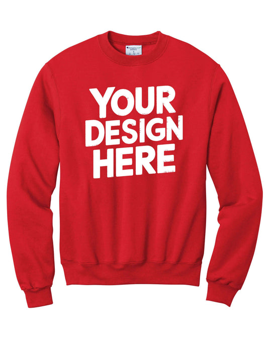 Red custom crewneck sweatshirt by Print-View with personalized printing or embroidery visible on the front.
