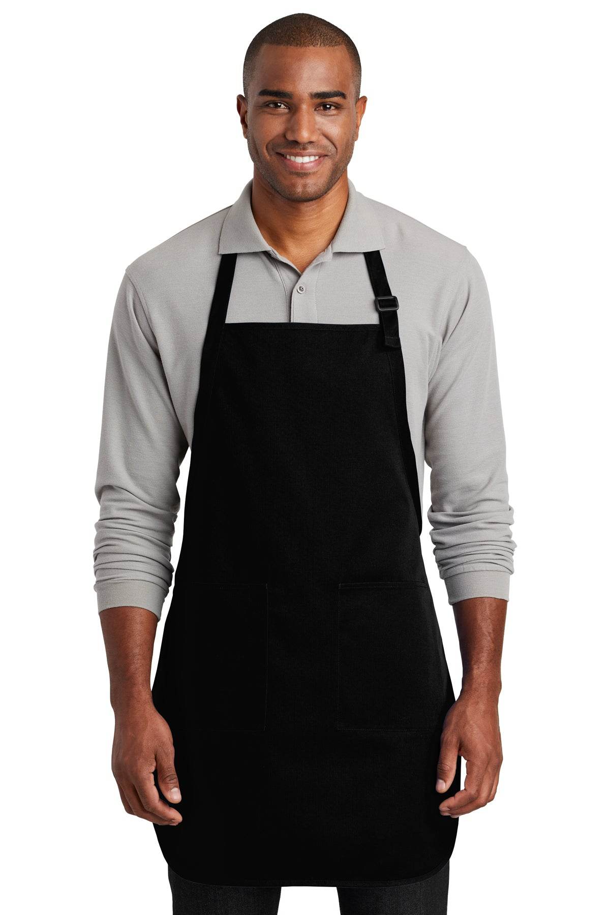 Black Port Authority apron with embroidered personalized name, ideal for cooking, BBQ, and gift occasions.