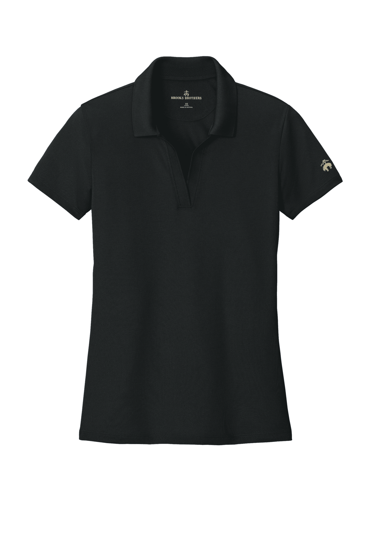 Black Brooks Brothers women's mesh pique polo shirt with a feminine fit, moisture-wicking fabric, and custom embroidery.