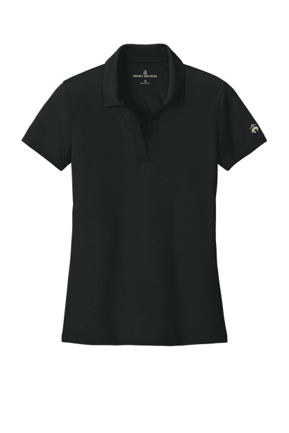Black Brooks Brothers women's mesh pique polo shirt with a feminine fit, moisture-wicking fabric, and custom embroidery.
