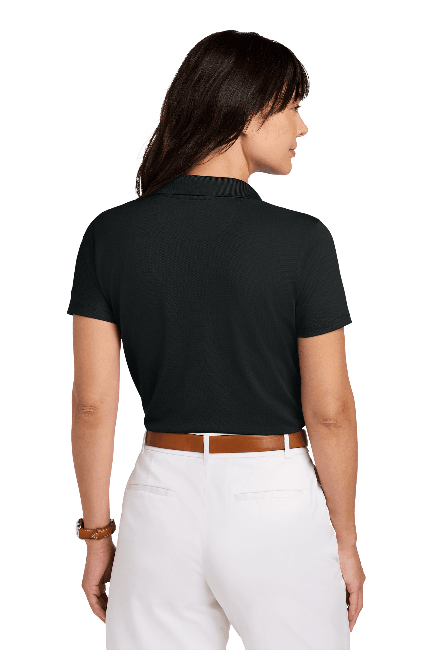 Black Brooks Brothers women's mesh pique performance polo shirt with breathable fabric and custom embroidery, shown on a female model.