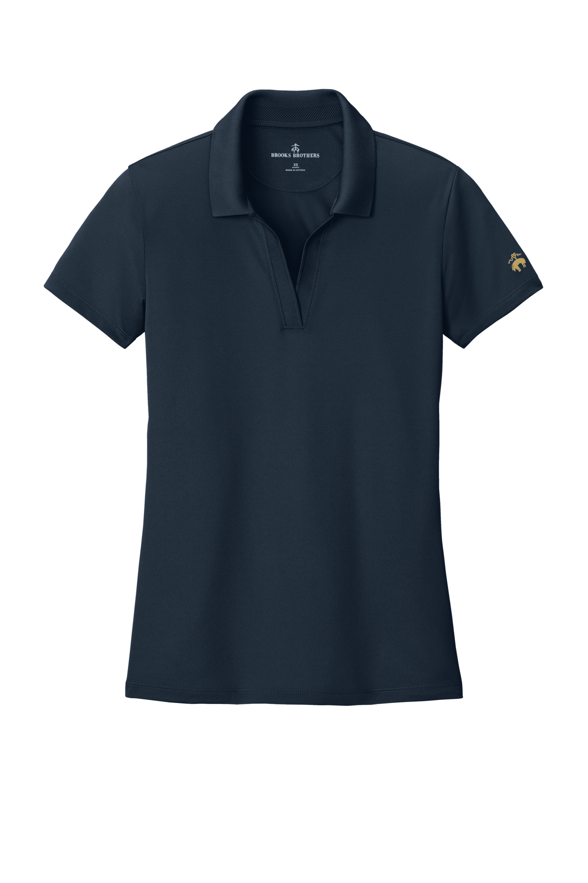 Brooks Brothers women's mesh pique performance polo shirt in navy with custom embroidery, moisture-wicking and breathable fabric.