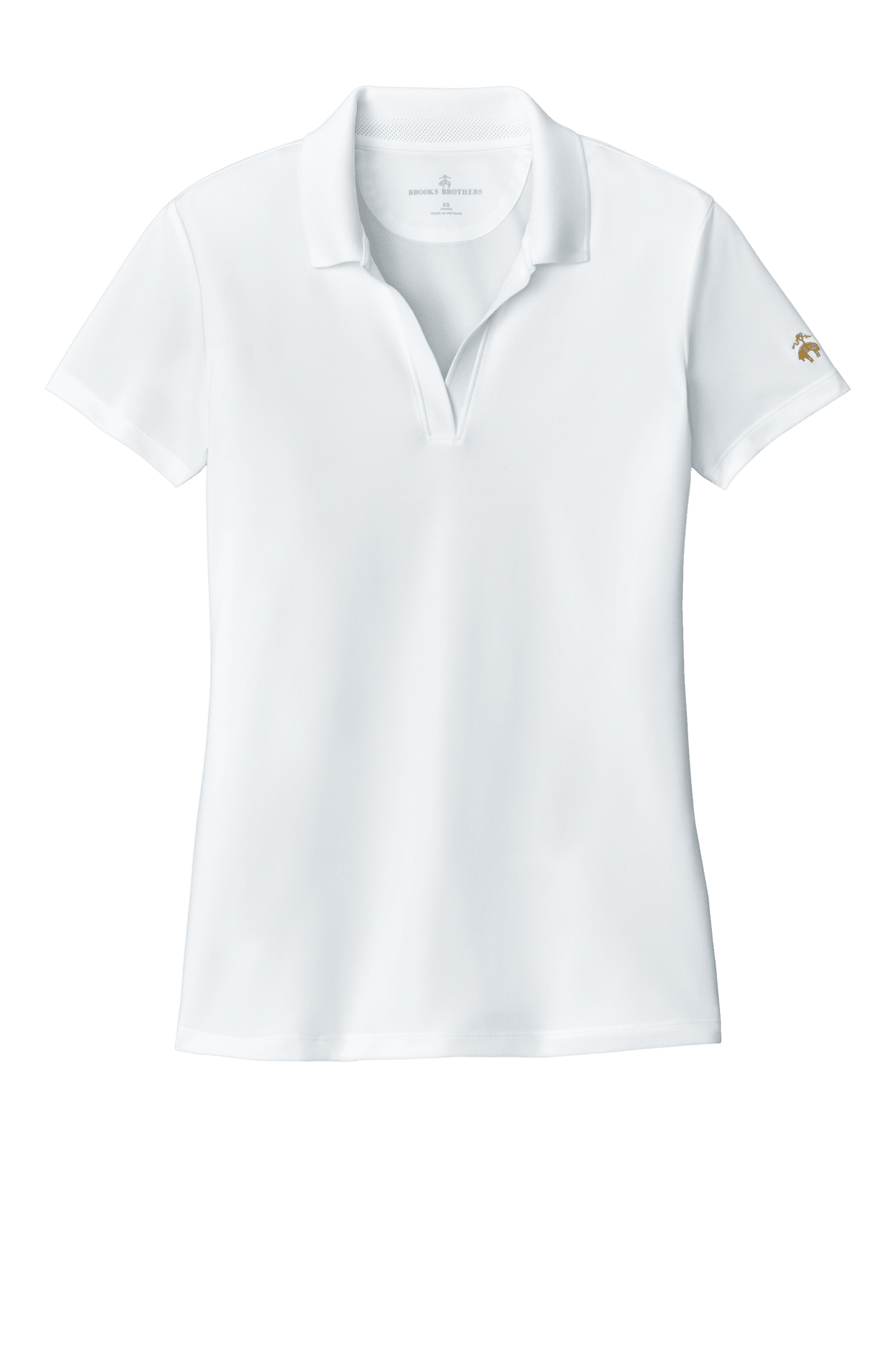 White Brooks Brothers women's mesh pique performance polo shirt with breathable fabric and custom embroidery, designed for a comfortable fit.