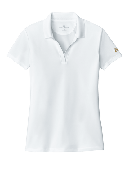 White Brooks Brothers women's mesh pique performance polo shirt with breathable fabric and custom embroidery, designed for a comfortable fit.