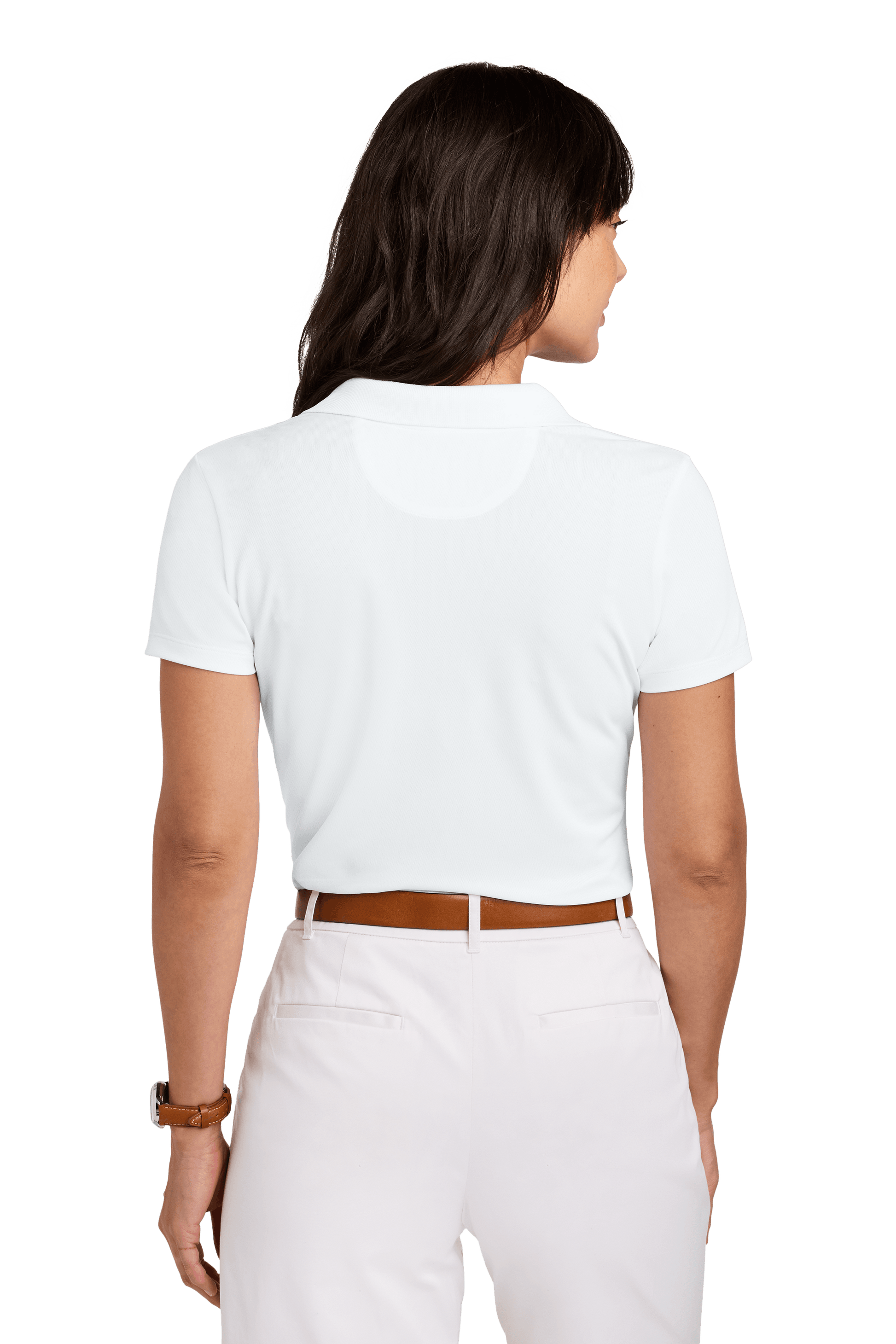 Brooks Brothers women's mesh pique performance polo shirt in white, moisture-wicking fabric, featuring a feminine fit and custom embroidery.