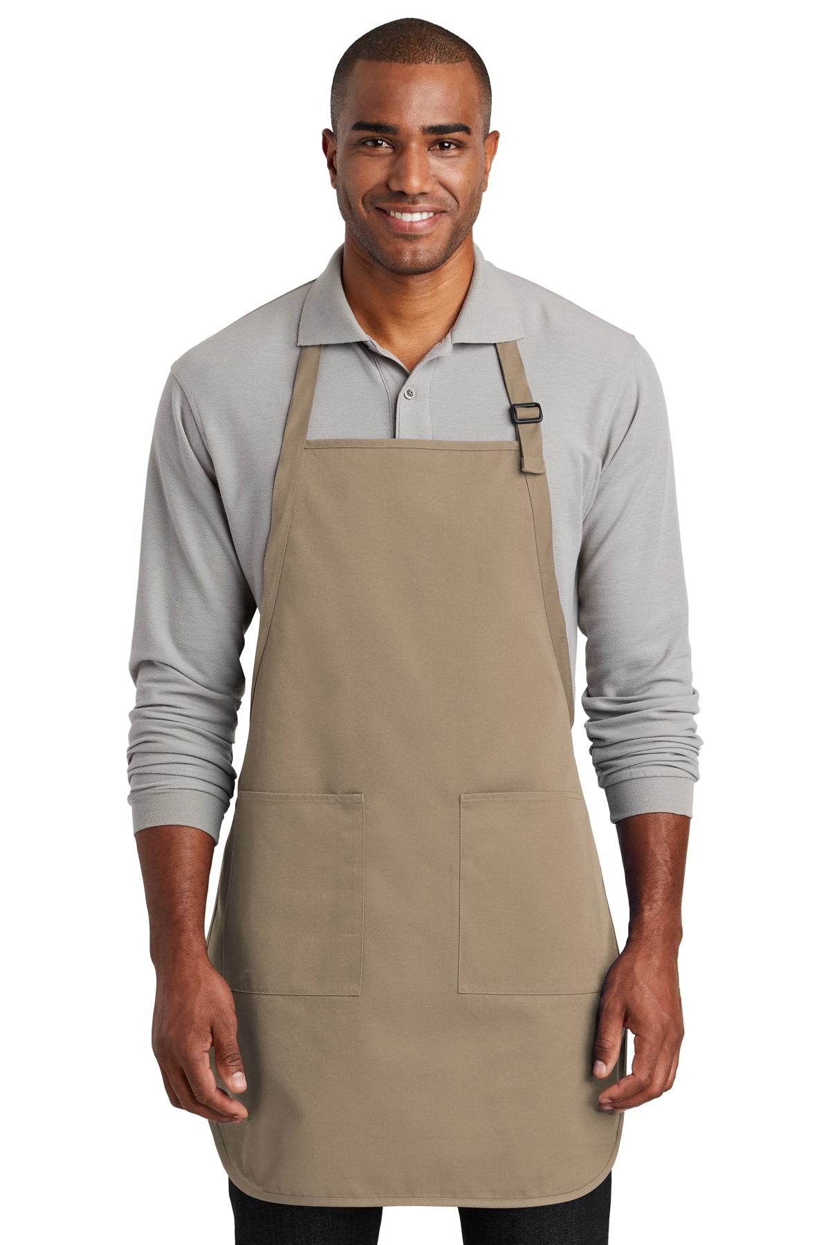 Custom khaki apron by Port Authority for cooking, BBQ, or gifts, featuring personalized print for kitchen or outdoor grilling.