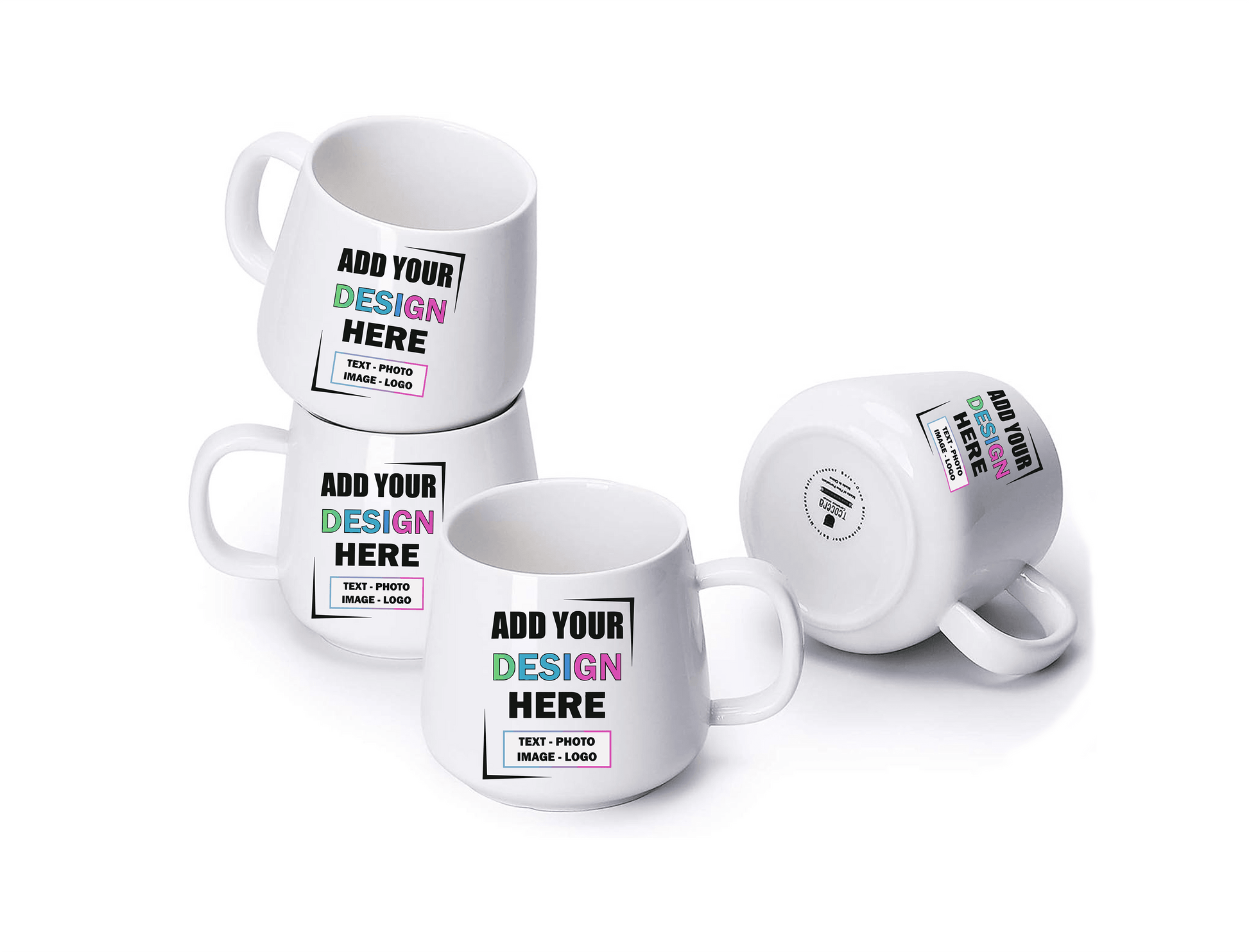 Set of four personalized Print View coffee mugs with custom designs, perfect for gifts or everyday use.